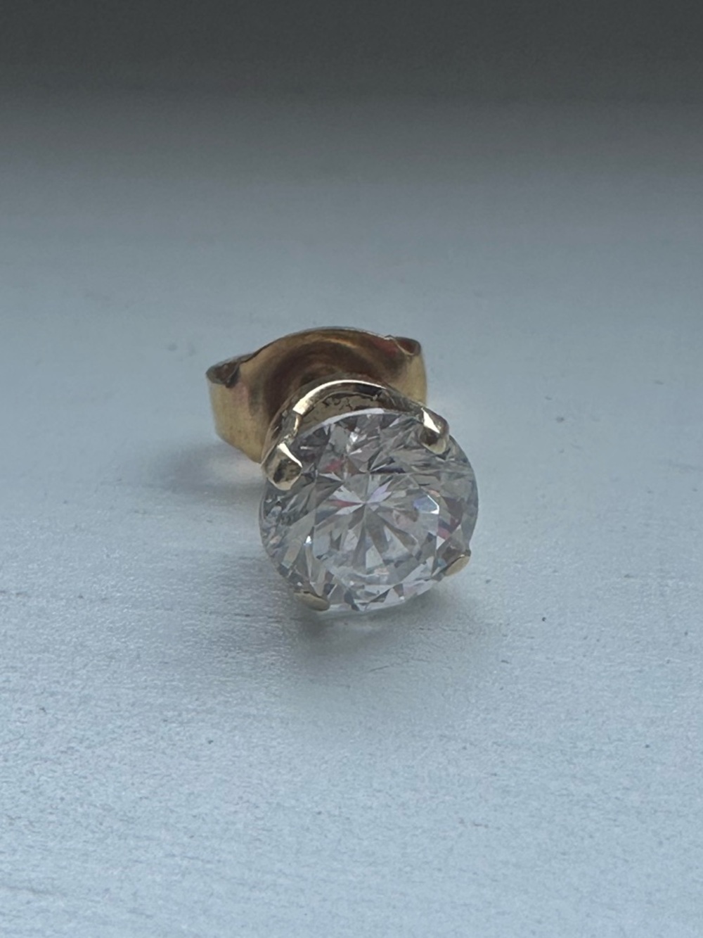 14kt Gold Stud Earring with Diamonque Solitaire 1kt Stone